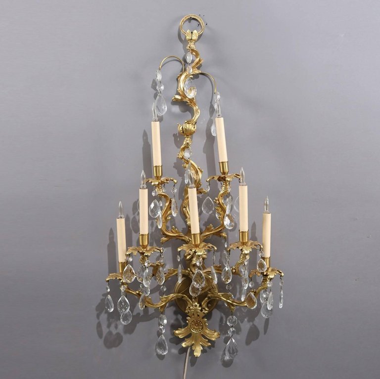 Oversized French Rococo Foliate Form Gilt Bronze Cut Crystal Wall Sconces