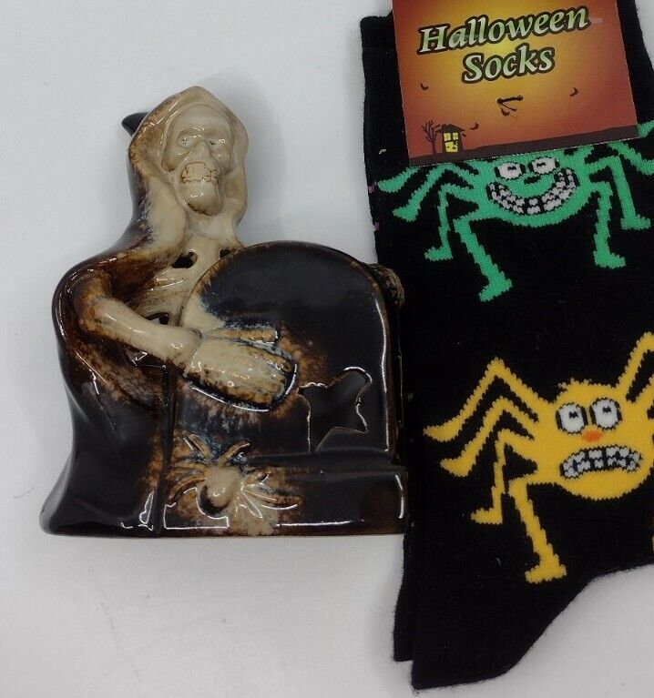 Preowned Halloween Lot Skeleton Luminary Tealight Candle Holder and Spider Socks