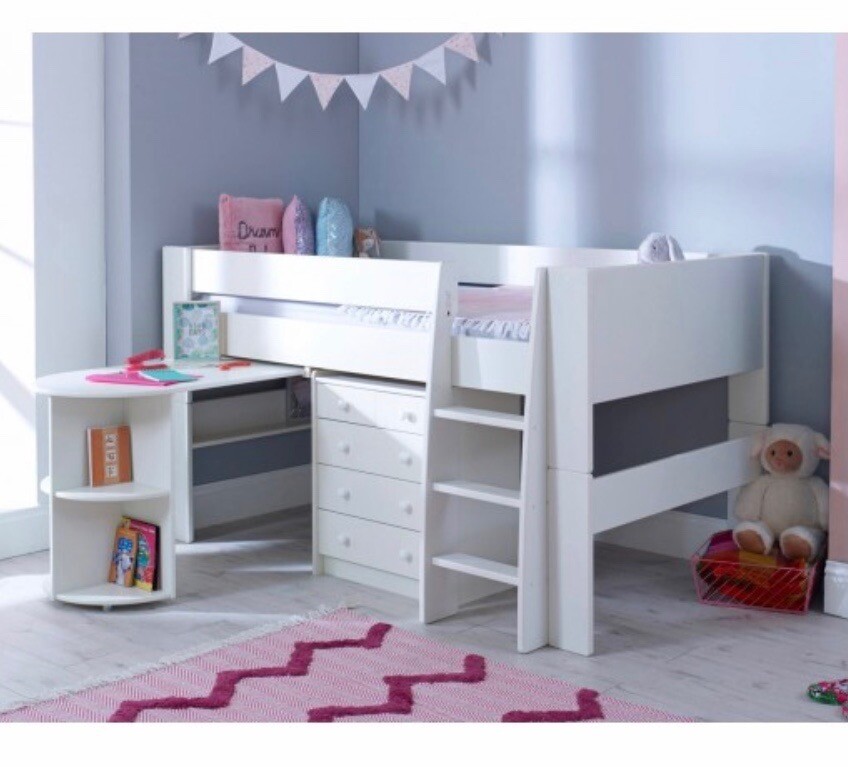 Children S Cabin Bed With Mattress Chest Of Drawers And Desk In