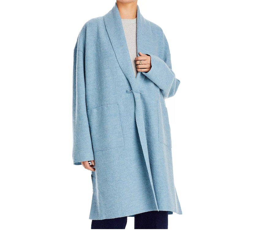 Pre-owned Eileen Fisher Lightweight Boiled Wool Long Cardigan Coat Red Cedar Dark Red L