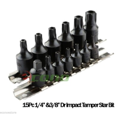 15pc 1/4'' & 3/8'' Drive Impact Tamper Proof Star Bit Torx Bits Set Auto Tools