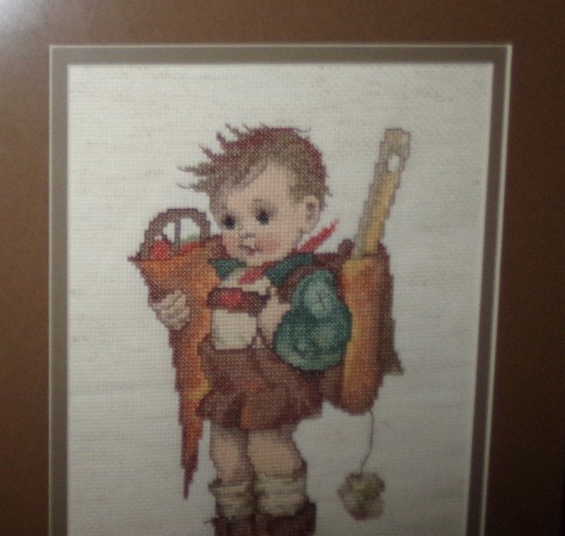 Finished Framed Cross Stitch Hummel Little Boy ~ Wood Frame ~ 13 x 16.5