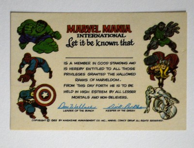 1969 Marvelmania International Fan Club MEMBERSHIP CARD MAIL ORDER ONLY RARE