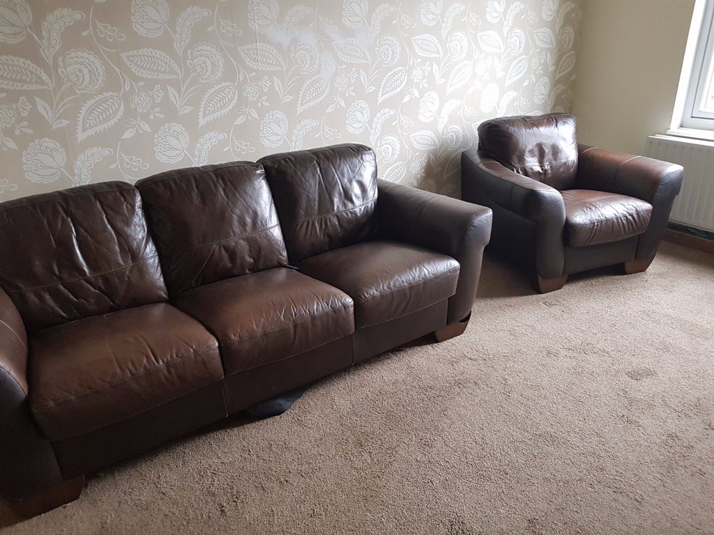 3 Seater + 1 Seater Pure Leather Sofas in Newcastle, Tyne and Wear