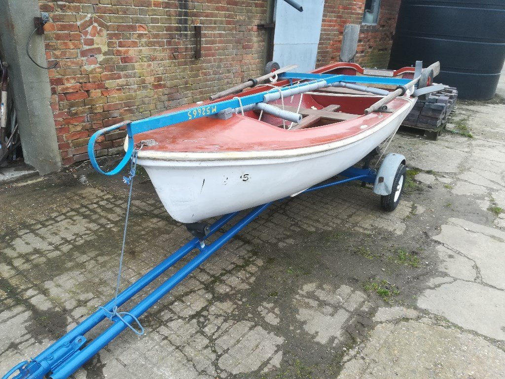 Rowing Dinghy/tender/fishing Boat GRP with trailer, trolley & oars in