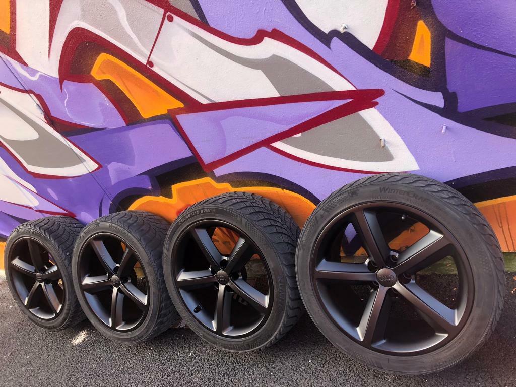 GENUINE, REFURBISHED AUDI 5 SPOKE ALLOY WHEELS & TYRES. SATIN BLACK. 18