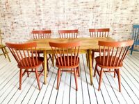 Folding Rustic Extending Modern Mid-Century Dining Table and Painted Spindle Chair Dining Set