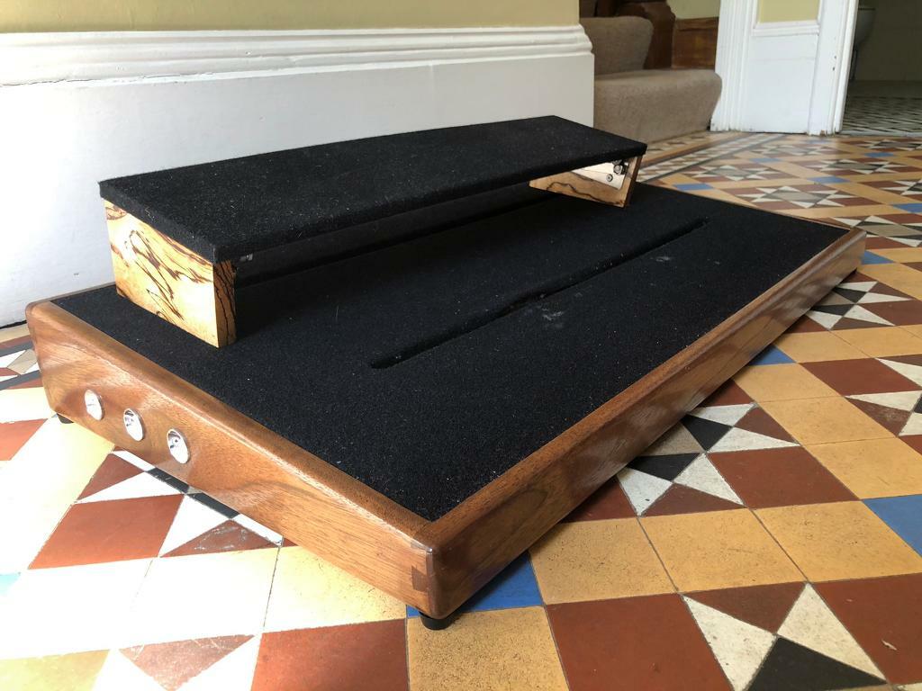 Large handmade wooden twotier pedalboard with flight case in