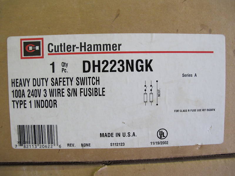 Cutler Hammer DH223NGK, 100 Amp, 240 Volt, 2P3W, Fusible Disconnect - NEW-B