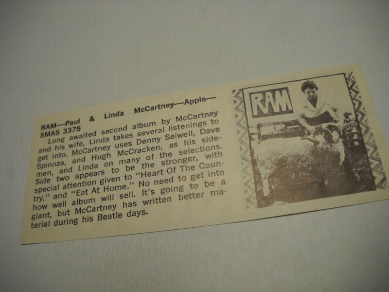 PAUL & LINDA McCARTNEY original 1971 music biz promo lp review RAM