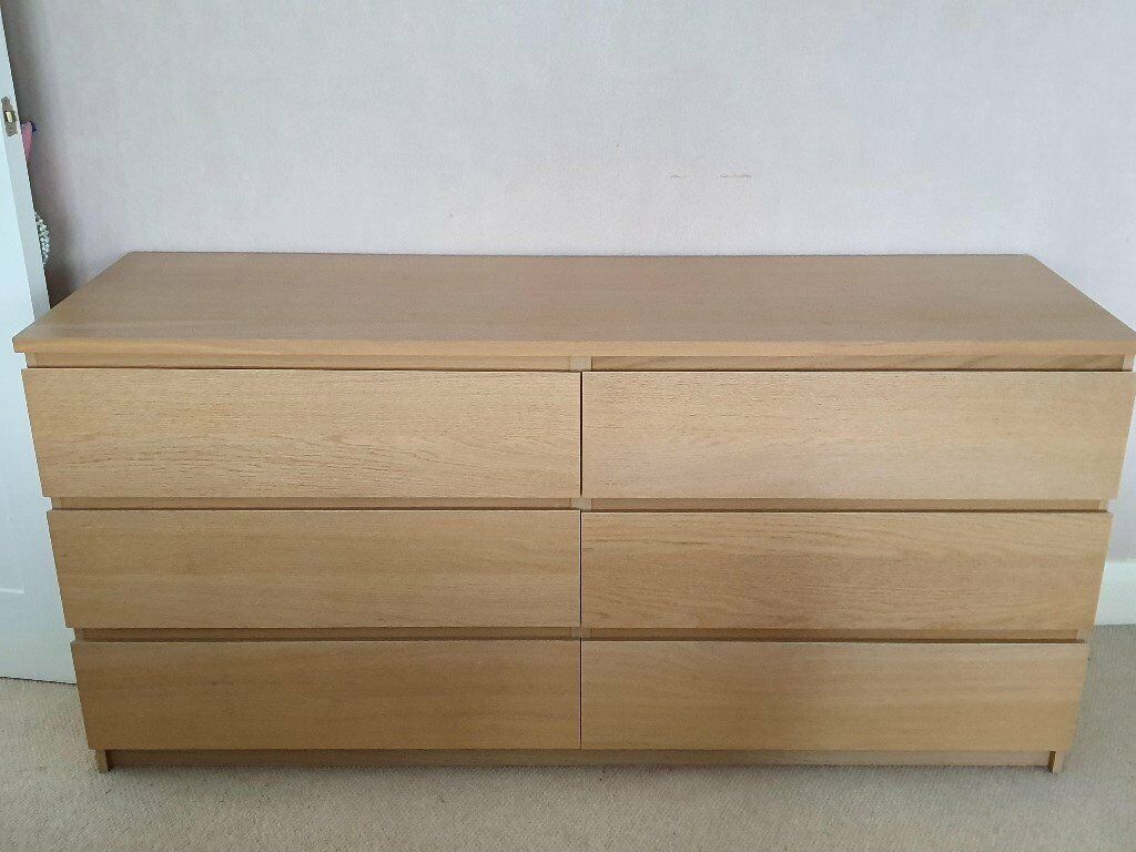 Ikea Malm Double Chest of Drawers. 6 Drawer White Stained Oak Veneer. Very Good Condition. in