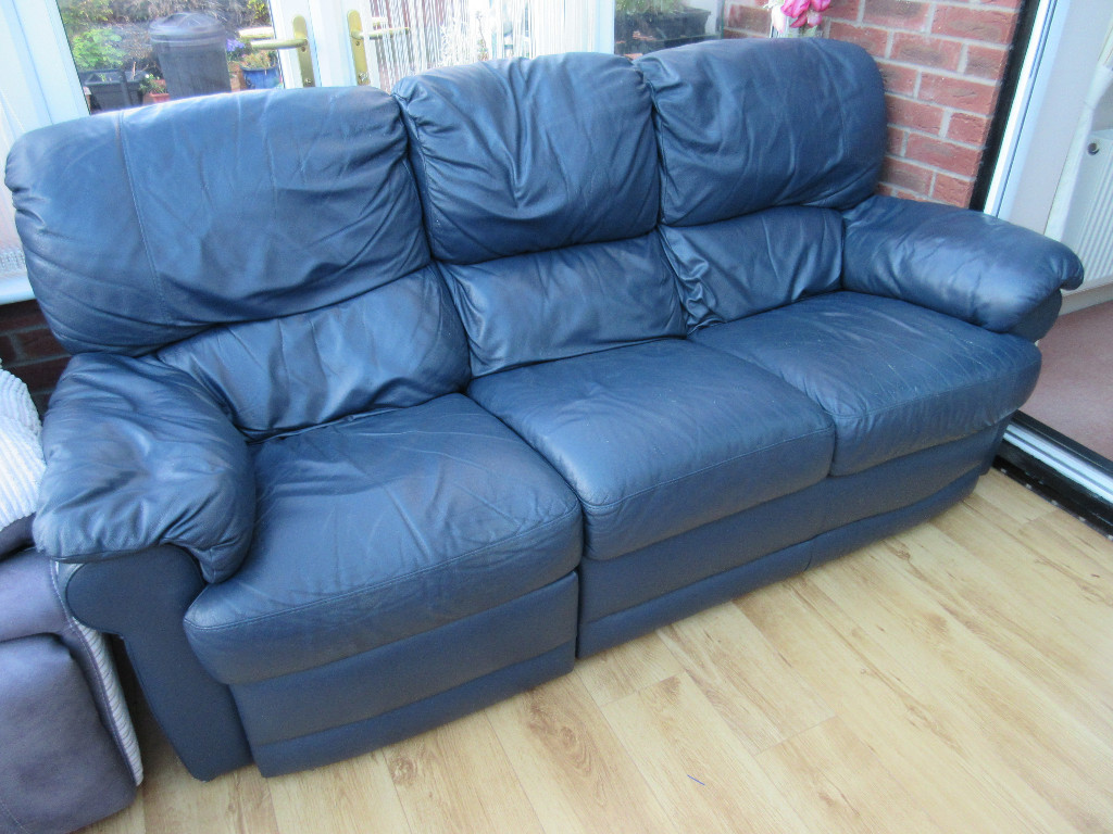 3 Seater Leather Recliner Sofa Blue in Hazel Grove, Manchester