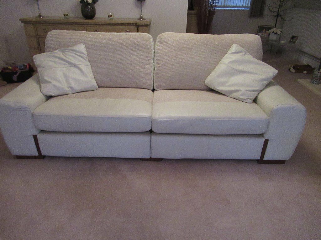 SCS 2 ITALIAN WHITE LEATHER 4 SEATER SOFAS AND FOOTSTOOL in Sudbury