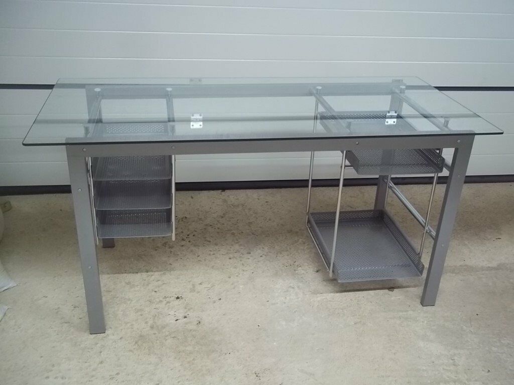 Grey Metal Glass Top Office Desk Range Of Storage Drawers Below In