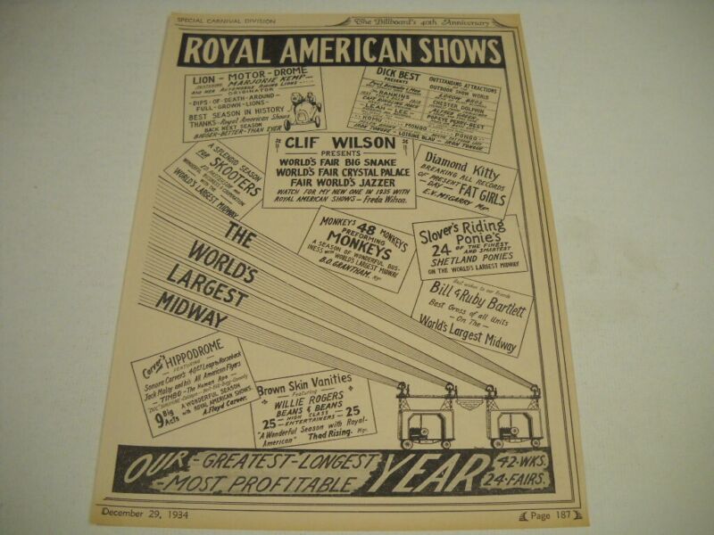 ROYAL AMERICAN SHOWS Rare original 1934 Promo Poster Ad multiple act/attractions