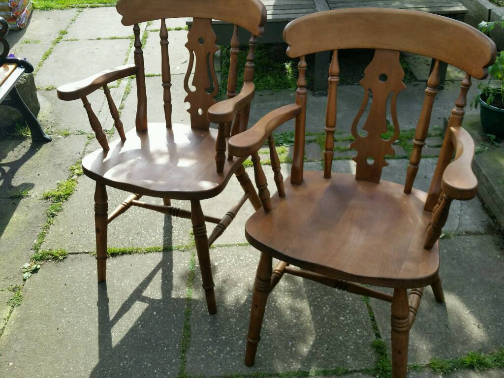 Pair of Solid Wood Farmhouse Kitchen Carver Chairs. in Hull, East