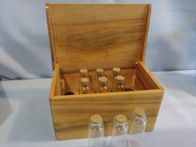wooden box with glass vials