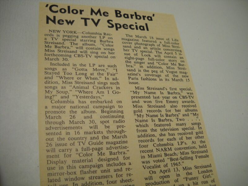 BARBRA STREISAND original review TV Color Me Barbra 1966 music biz trade article