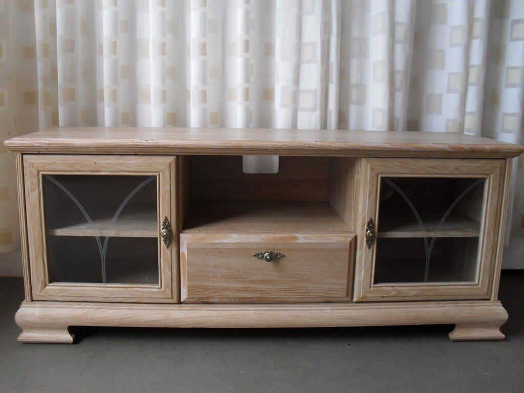 Long Limed Oak Two Cupboard Glazed Tv Cabinet Media