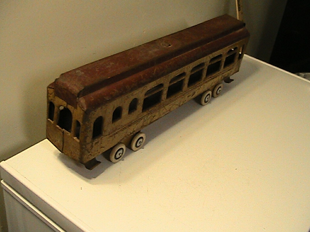 Old Child's Pull Toy Trolley Tin Street Car Unmarked Large 24