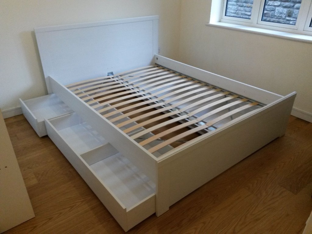 Ikea Brusali white bed frame with 4 drawers and mattress, double bed