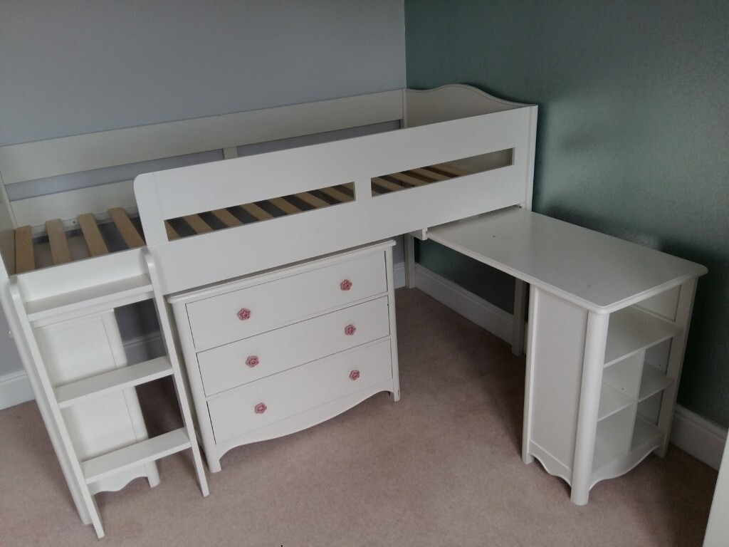 Mid sleeper single white cabin bed with drawers and desk in