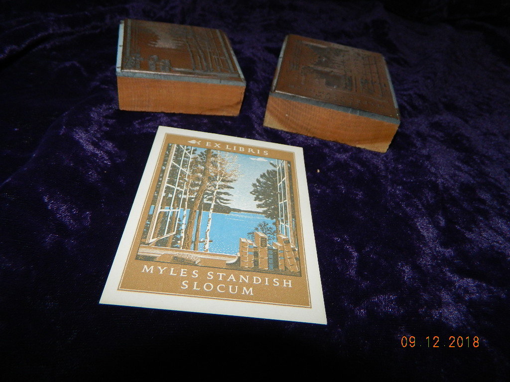 Vintage Ex Libris Myles Standish Slocum Bookplate & Original Printing Blocks MSS
