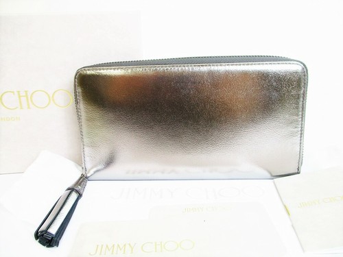 Auth Jimmy Choo Silver Metallic Calf Leather Round Zip