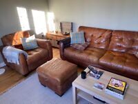 Leather sofa, armchair and footstool 
