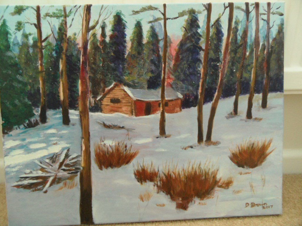 Original Oil Painting Log Cabin In The Snow 18 X 14 Unframed In