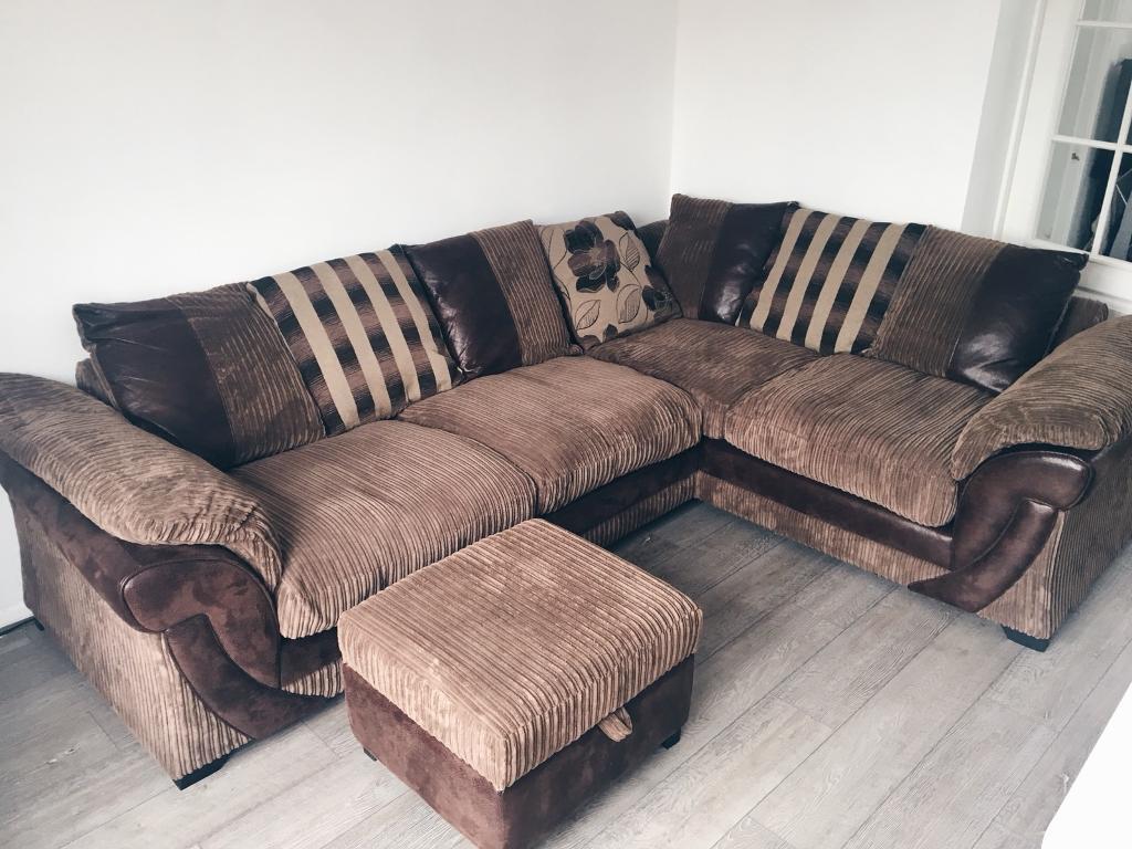 Brown corner sofa, swivel chair and footstool in Newton Aycliffe