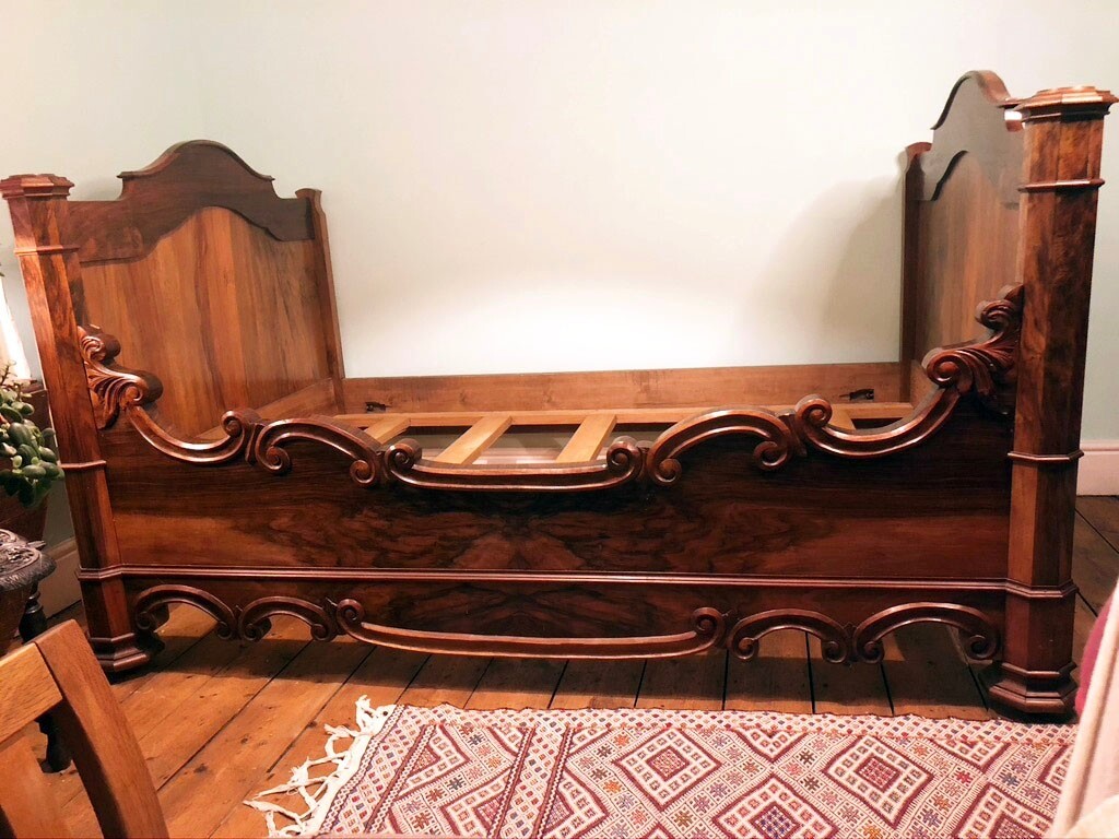 Antique Victorian 19th Century French Carved Walnut Sleigh Bed Frame Queen Size in Totterdown