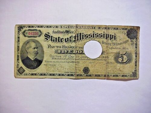 STATE OF MISSISSIPPI $5 Five Dollar CANCELLED BEARER BOND Payable Jan. 1896