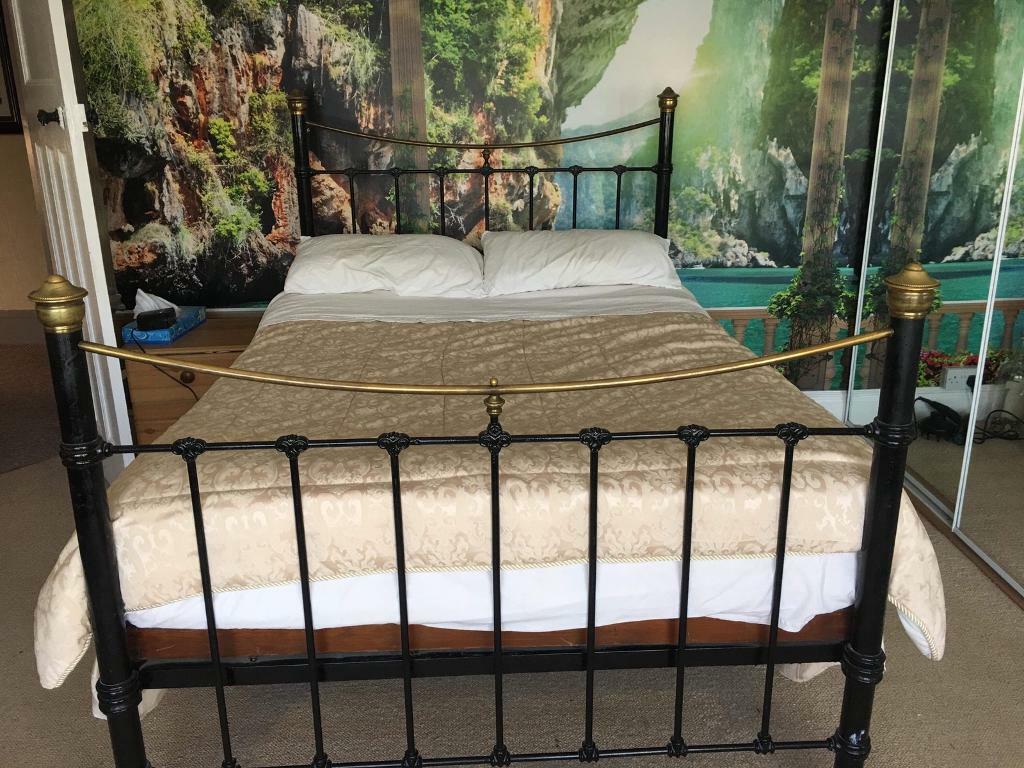 Antique Victorian original cast iron and brass double bed frame with