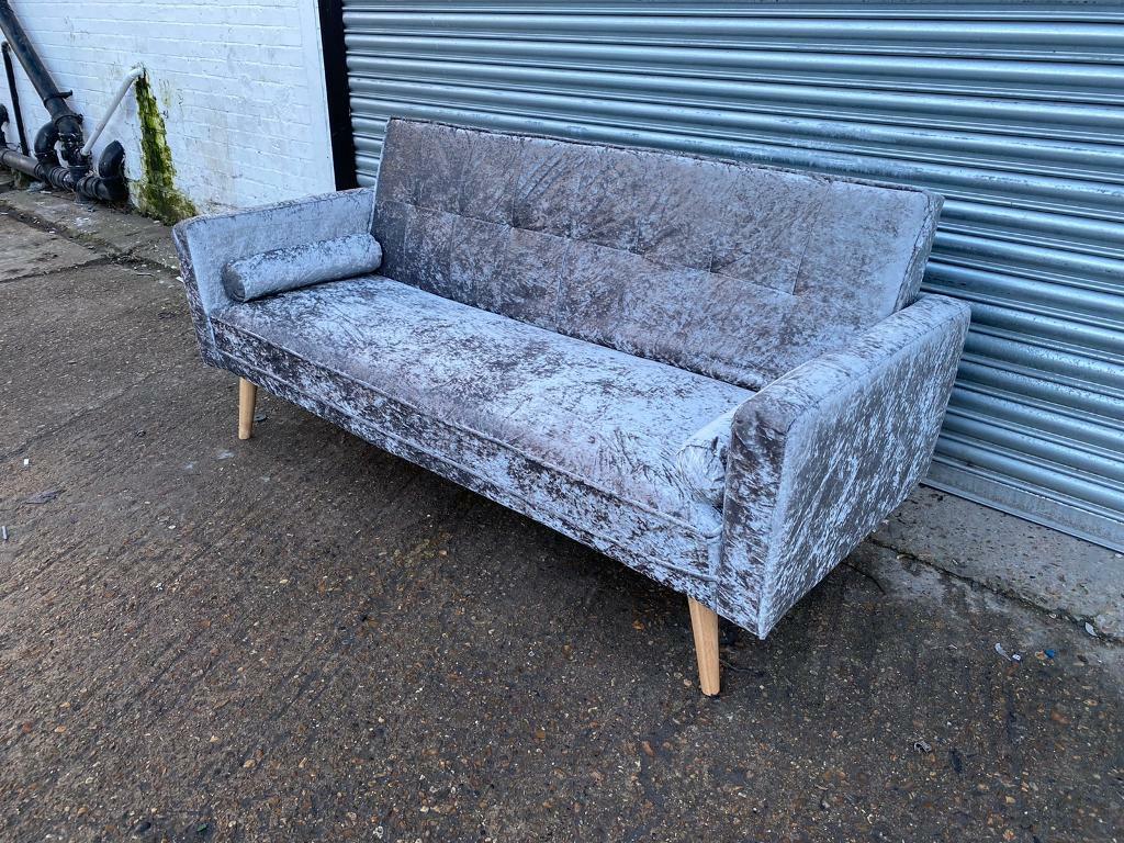 FREE DELIVERY CRUSHED VELVET SILVER CLIC CLAC SOFA BED EXCELLENT