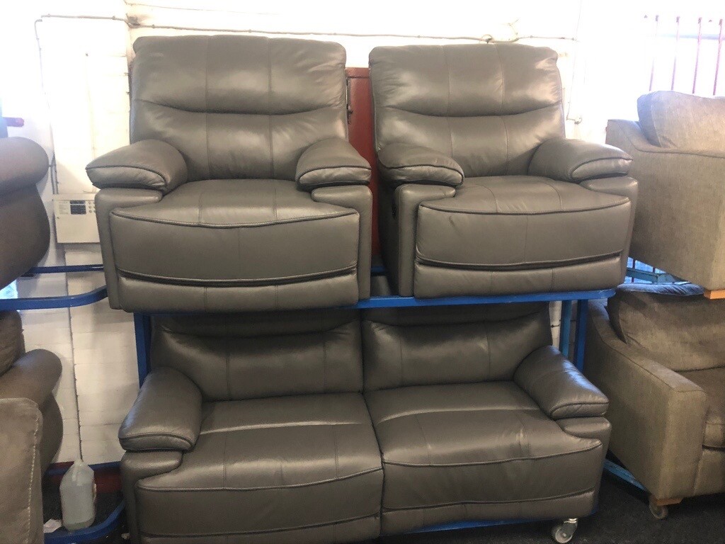 NEW EX DISPLAY LAZYBOY GREY LEATHER WASHINGTN 3 + 1 + 1 SEATER