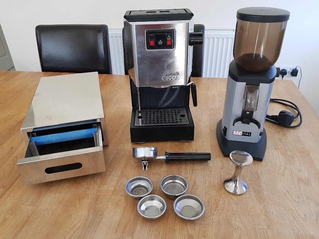 Gaggia classic espresso machine and Iberital grinder and knock box, all