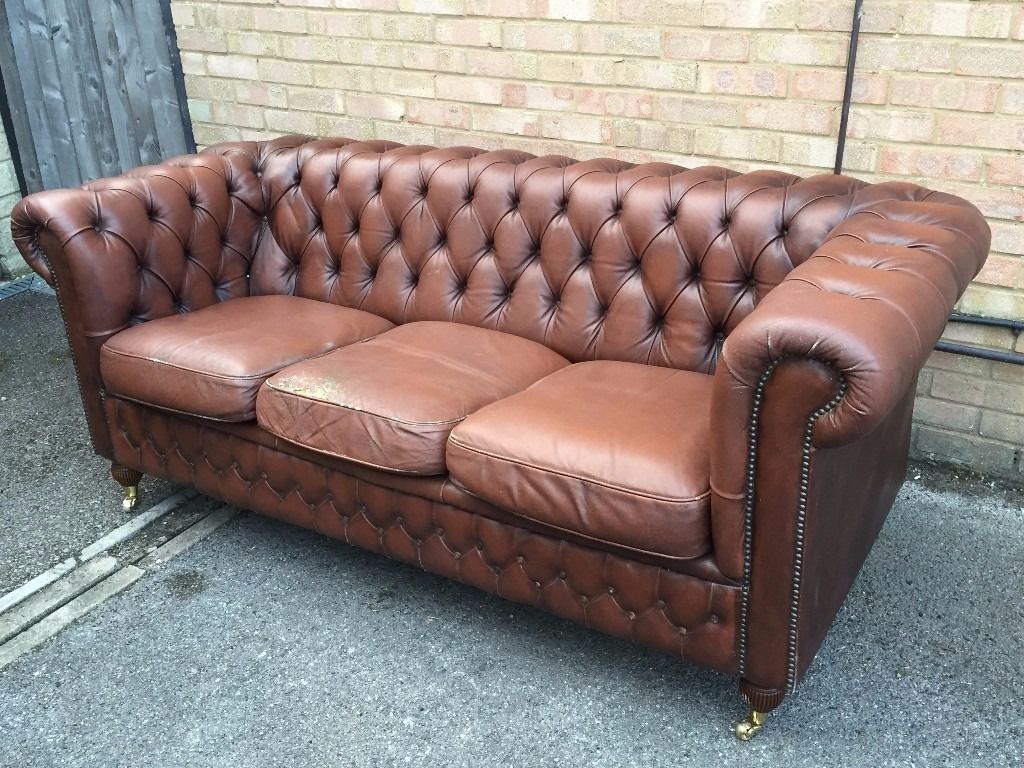 Vintage Retro Chesterfield Sofa Old Brown Leather 3 Seater