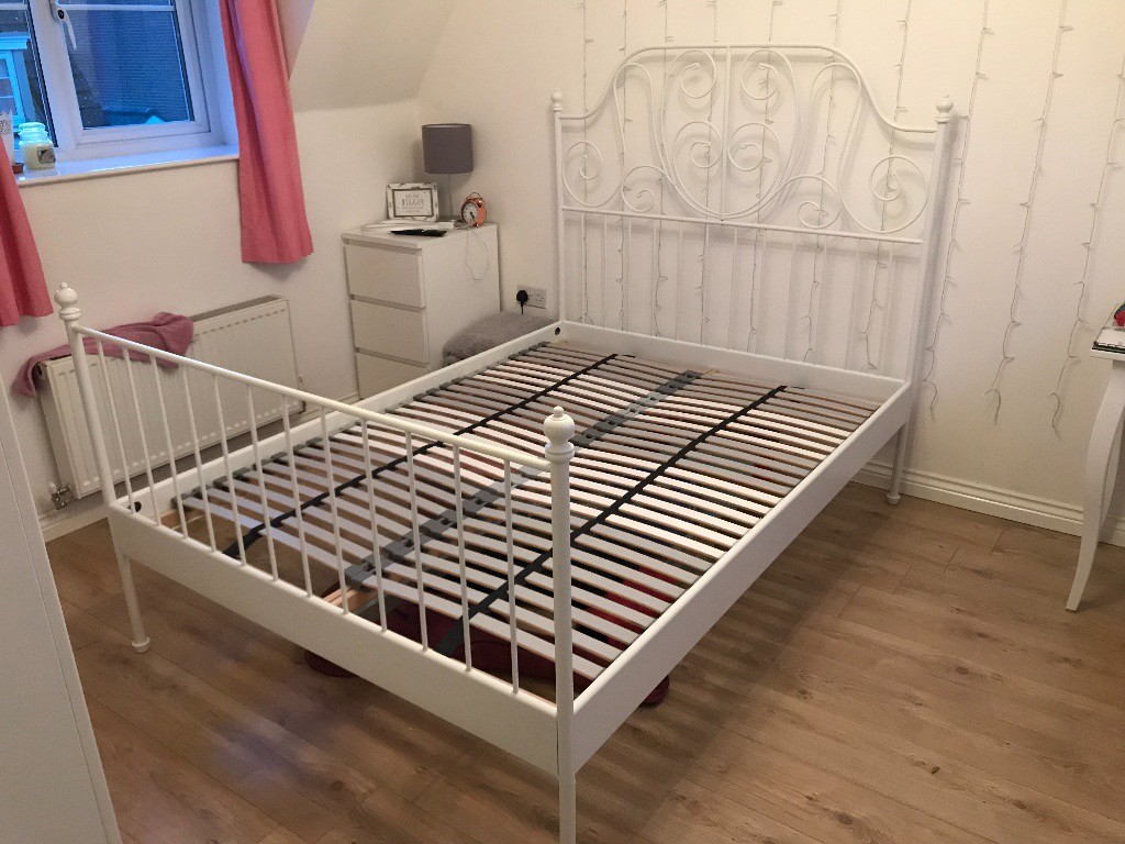 Ikea white metal double bed, deluxe slatted base, excellent condition