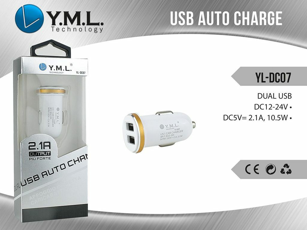 Caricabatteria Adattatore Da Auto 2 Ingressi Usb YL-DC07 12V 2.1A Smartphone mar