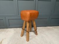 New Boxed Large Vintage Industrial Style Ribbed Leather Pommel Horse Bar Stool in Tan or Green