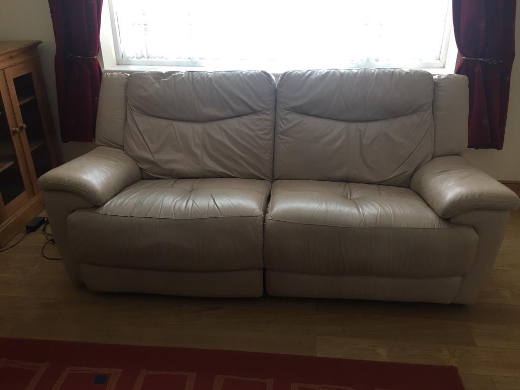 Large 2 Seater Cream Leather Reclining Sofa in High