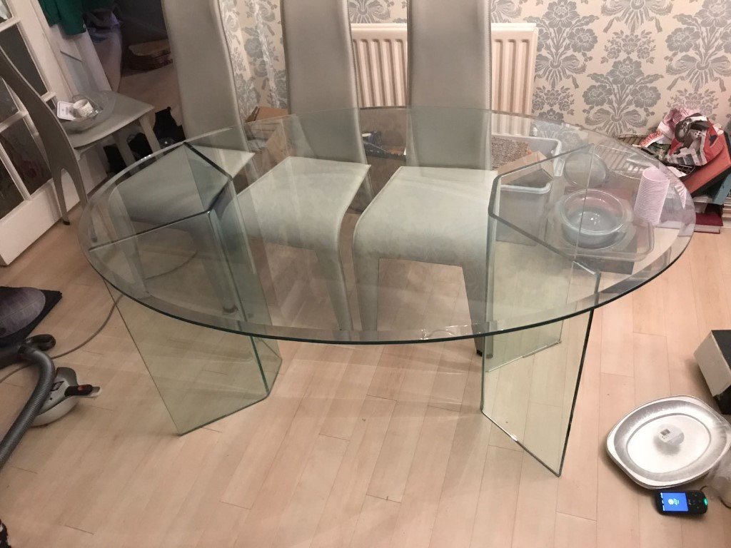 Modern Glass Oval Dining Table and 4 or 6 tall back Grey chairs | in