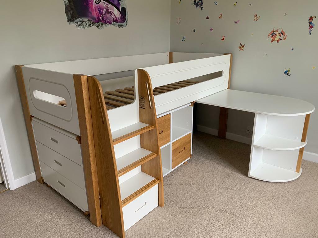 Stompa Curve midsleeper bed + pullout desk + cube with 2 oak doors + 3