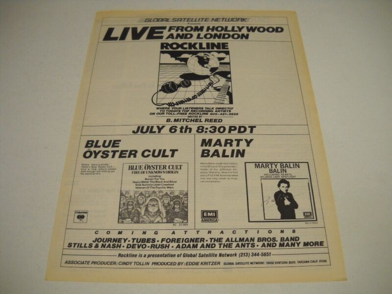 BLUE OYSTER CULT & MARTY BALIN Live From Hollywood & London 1981 Promo Poster Ad