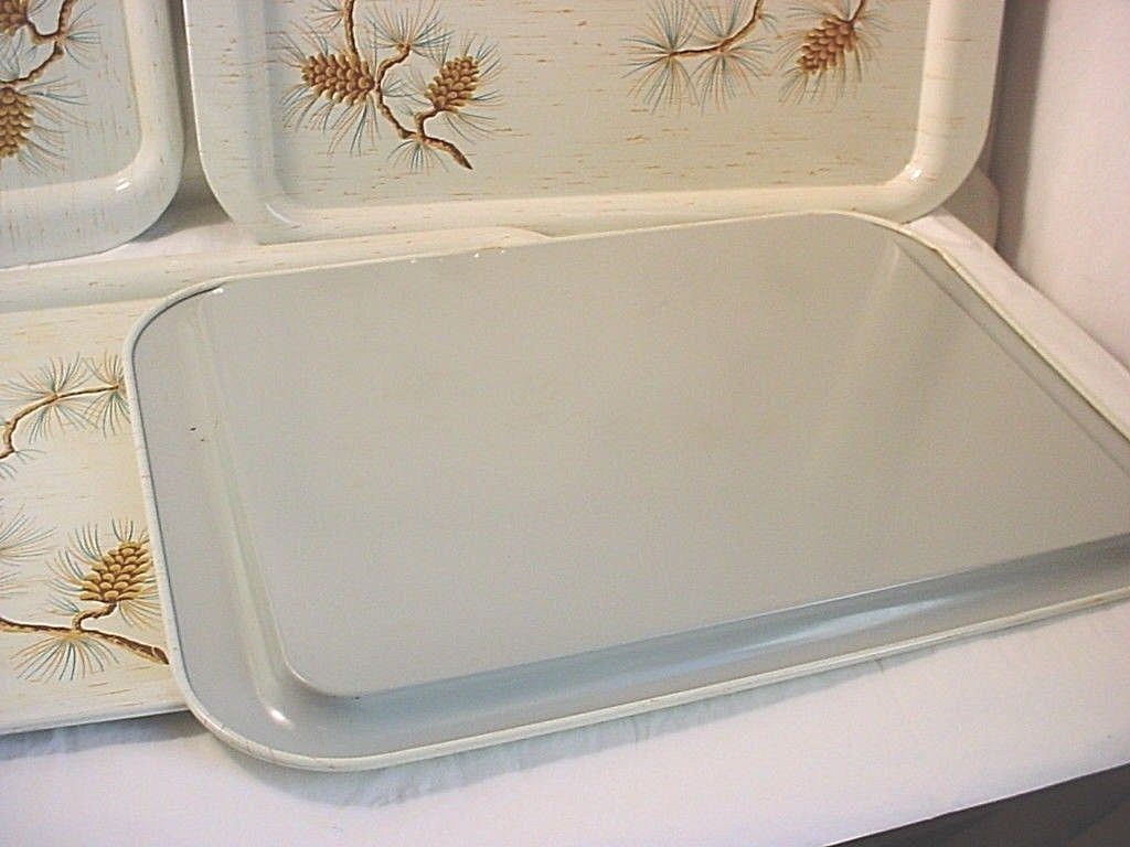 Vtg Metal Birch Serving Trays Pine Branches Midcentury 13 by 17 Inch Lot of 4