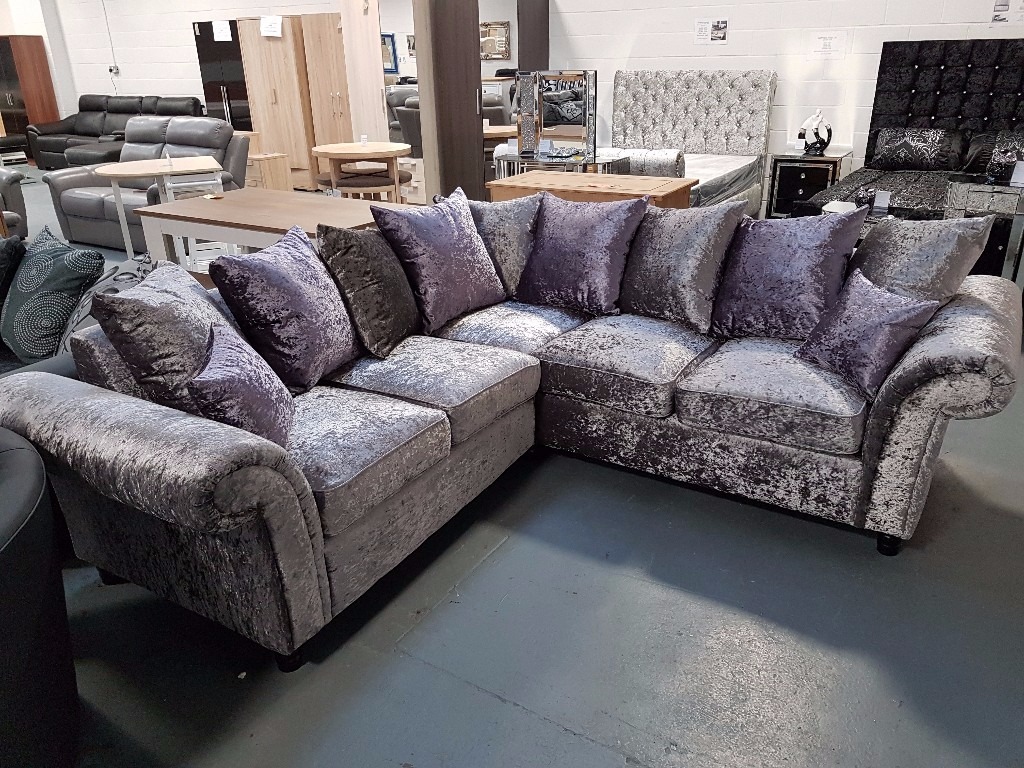 Brand New Crush Velvet Corner Sofa With Lilac Cushions On Sale Free Delivery Up