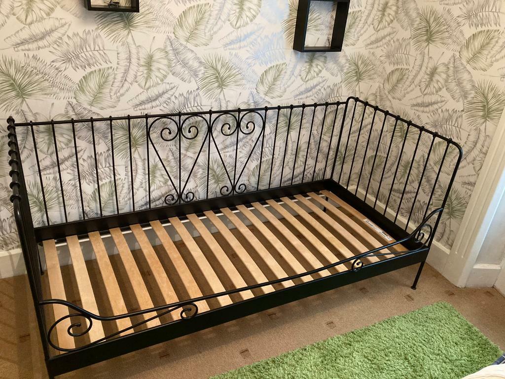 Black metal framed day bed with slats from Ikea, with free mattress if