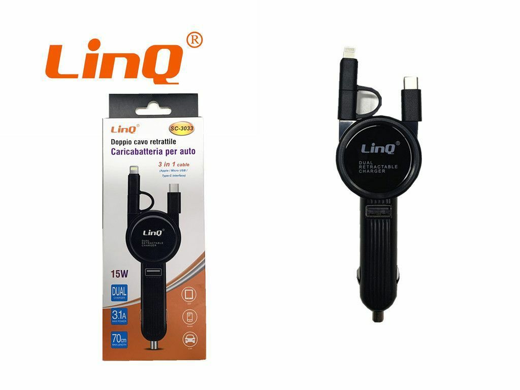 Caricabatterie Da Auto 3in1 Retrattile Microusb Type-C Lightning Linq Sc-3033