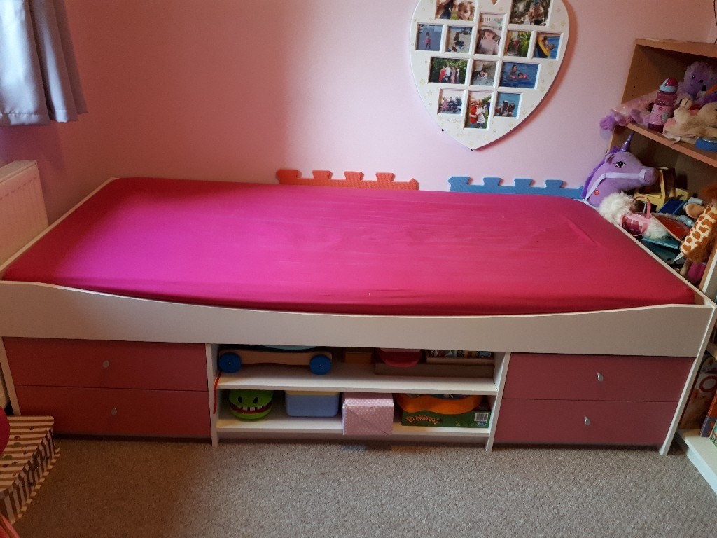 Girls Cabin Bed With Mattress Pink White 4drawers 2 Shelves